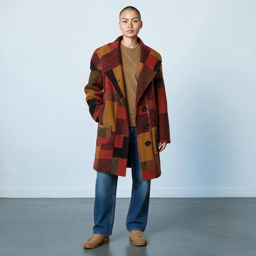 Jane & John Patchwork Coat Women Medium Multicolor Wool Blend Shawl Collar Car